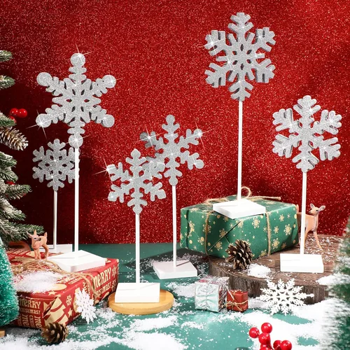 Vista 5 de Sawysine 6 piezas Centro de mesa de copo de nieve de madera de Navidad, decoración de centro de mesa de copo de nieve, bloque alto de pie