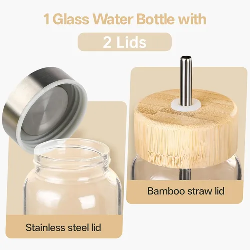 Vista 2 de Botella de agua de vidrio de 32 onzas con popote, reutilizable, ecológica, sin bisfenol A, botellas de agua de vidrio de borosilicato con 2 tapas