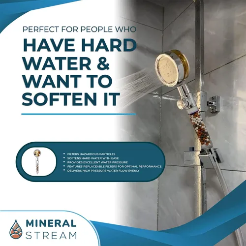 Vista 2 de MineralStream - Cabezal de ducha de mano de alta presión Turbo con piedras minerales para filtración, perfecto para cabello seco y piel, cabezal