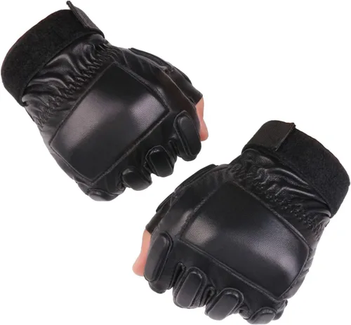 Vista 2 de Long Keeper Guantes de cuero genuino sin dedos para hombre, medio dedo, conducción, ciclismo, motocicleta, deportes al aire libre, Negro