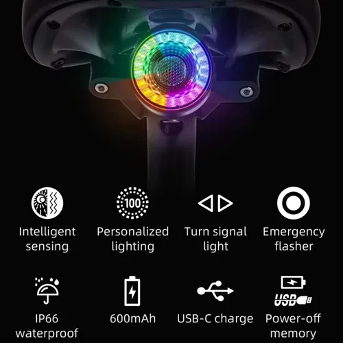 Vista 2 de Mengshen Juego de luces de bicicleta recargables para faros delanteros y traseros con señales de giro, impermeable, juego de luces delanteras