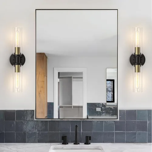 Vista 8 de Lámparas de baño de 2 luces negras y doradas, luces de tocador de baño sobre espejo, apliques de pared, iluminación industrial, accesorios