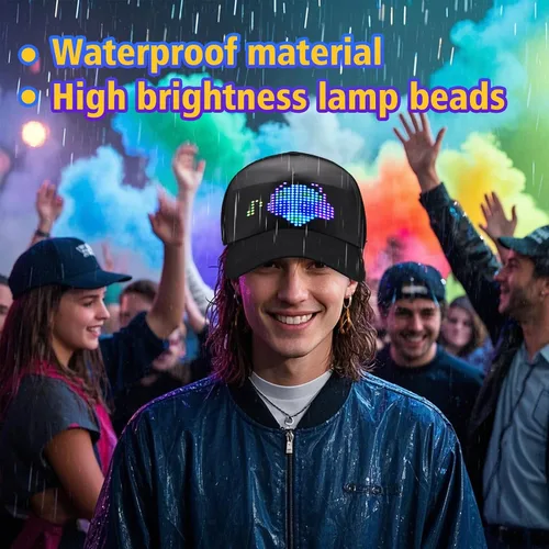 Vista 5 de Sombreros LED, pantalla LED, gorras de béisbol con control de aplicación Bluetooth, compatible con texto, patrones, animaciones para fiestas, bares