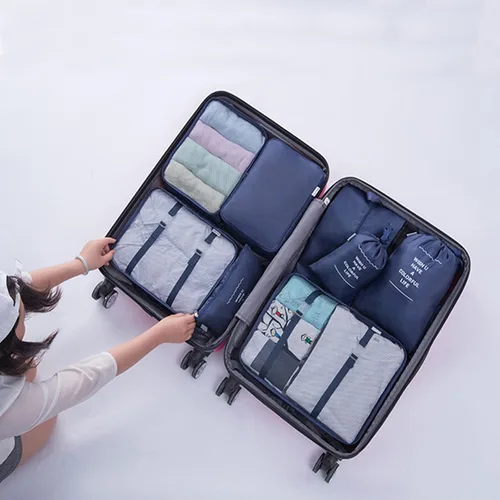 Vista 2 de Paquete de 8 cubos de embalaje para maletas, bolsas de almacenamiento de viaje, cubos de embalaje (azul marino)