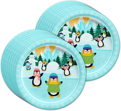 Vista 2 de Juego de suministros para fiesta de cumpleaños de pingüinos, platos, servilletas, vasos, vajilla para 16