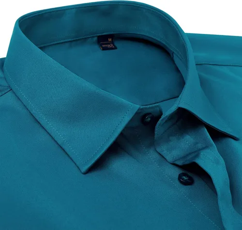 Vista 4 de DEMEANOR Camisa de vestir para hombre, ajustada, de manga larga, con botones, elástica, sin arrugas, formal, para boda, con bolsillo