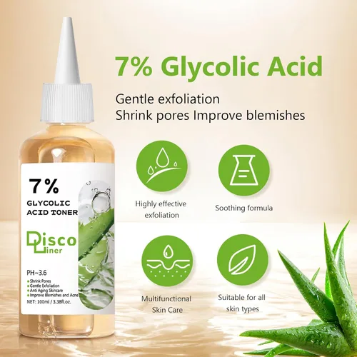 Vista 3 de Tónico exfoliante de ácido glicólico al 7%, tóner facial hidratante, piel suave y brillante, tono de piel uniforme, mejora la textura de la piel