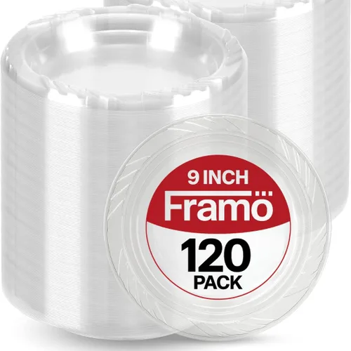 Vista 7 de Framo Platos desechables de plástico transparente a granel para fiestas y cenas, y para cualquier ocasión, microondas, barbacoa, viajes y eventos