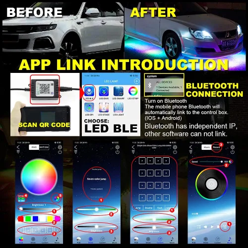 Vista 5 de Juego de 4 tiras de luces LED, lámpara de chasis de automóvil con control de aplicación, luces subterráneas RGB multicolor, 12 V, impermeable