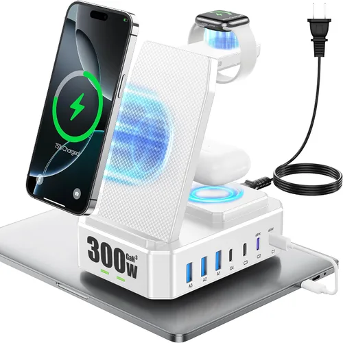 Vista 8 de Estación de carga de 300W para múltiples dispositivos Apple, cargador inalámbrico 10 en 1 para iPhone, soporte de carga rápida PD 65W USB C GaN III