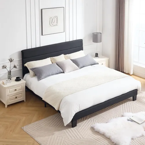 Vista 9 de Armazón de Cama de Plataforma Tamaño Full, Armazón de Cama con Cabecera de Tela Suave con Listones de Madera Resistentes – Moderno y Sin Ruido, Base