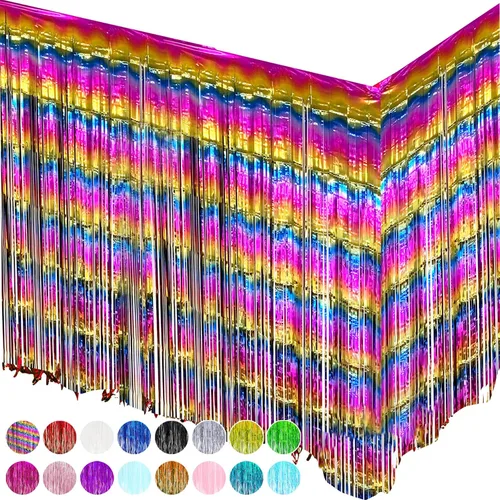 Vista 19 de allgala Faldones de mesa de oropel negro, paquete de 2 faldas de mesa de 29 x 108 pulgadas con flecos metálicos para fiestas, eventos, desfiles