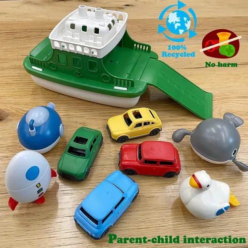 Vista 5 de Barco Ferry con 4 Coches y 4 Juguetes de Baño de Cuerda, Juguete de Baño para Niños Vehículo Flotante Ballenas Submarinos Cisnes Cohetes, Conjunto