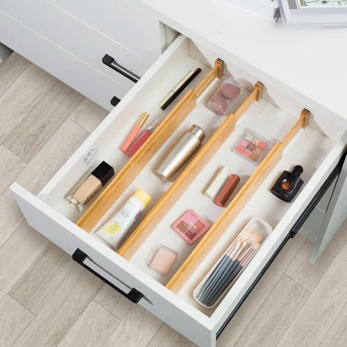 Vista 6 de VaeFae Paquete de 6 separadores de cajones de bambú ajustables, organizador de cajones expandible para utensilios de cocina, ropa, baño, oficina, se