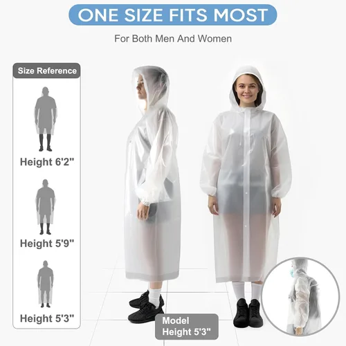 Vista 5 de PTEROMY EVA Rain Poncho, Reusable Rain Ponchos for Adults, Unisex Rain Coat with Hood and Elastic Cuff Sleeves