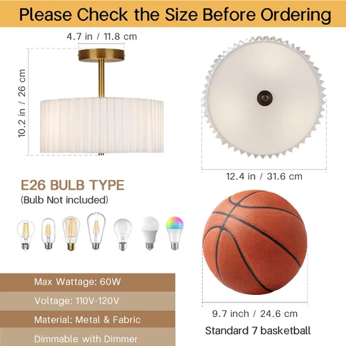 Vista 2 de Lámpara de techo moderna semiempotrada con pantalla de tela plisada, lámpara dorada de tambor de 12.5 pulgadas con luces, lámpara de lino blanco