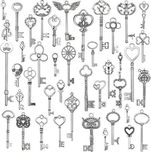 Vista 9 de 42 piezas de llaves de esqueleto vintage mixtas, llave de 42 estilos, cada 1 pieza Oro antiguo