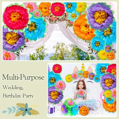 Vista 6 de Tigeen Juego de 51 flores de papel mexicanas gigantes de tejido 3D, Mardi Gras, carnavales, crepé colorido, fiesta, flores de papel para pared