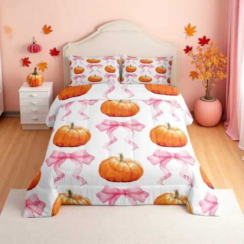 Vista 21 de Erosebridal Juego de edredón individual de pavo de Acción de Gracias, juego de ropa de cama de calabaza con hojas de otoño para niños y adultos