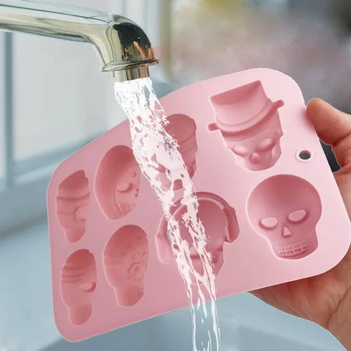 Vista 3 de Paquete de 2 moldes de silicona de calavera 3D con 8 cavidades con temática de calavera para hornear, herramienta de horneado para pastel