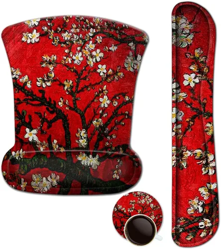 Vista 9 de ArtSo Reposamuñecas para teclado + alfombrilla para mouse con soporte para reposamuñecas ergonómico + juego de posavasos 3 en 1, base Arte abstracto