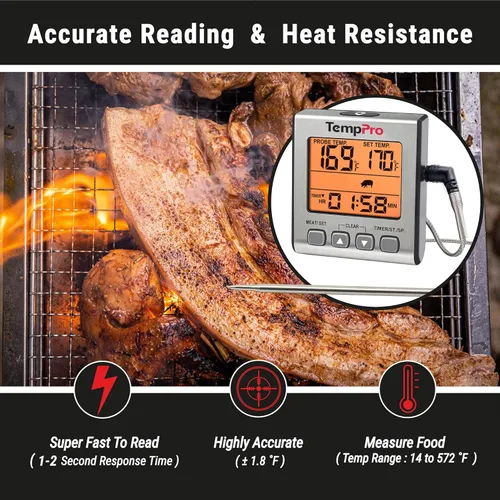Vista 9 de TempPro Termómetro digital de carne para cocinar y asar a la parrilla, termómetro de alimentos para barbacoa con luz de fondo y temporizador