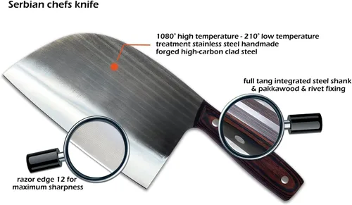 Vista 3 de Cuchillo de chef serbio forjado hecho a mano - Carnicero de cocina de espiga completa con amoladora de piedra