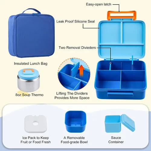 Vista 3 de Lonchera Bento para niños con termo, a prueba de fugas, con tarro de comida aislado de 8 onzas, bolsa de almuerzo, sin BPA, apta para lavavajillas