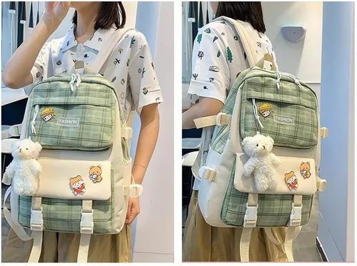 Vista 3 de Paquete de 5 mochilas escolares kawaii con bonitos alfileres colgantes de oso a cuadros, suministros de regreso a la escuela, mochila escolar