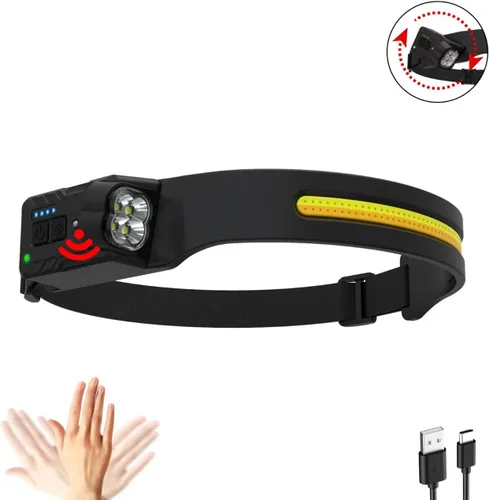 Vista 4 de Linterna frontal recargable: faro LED con un haz ancho de 230° y cabezal de lámpara giratorio de 315° con 7 modos de iluminación con un sensor