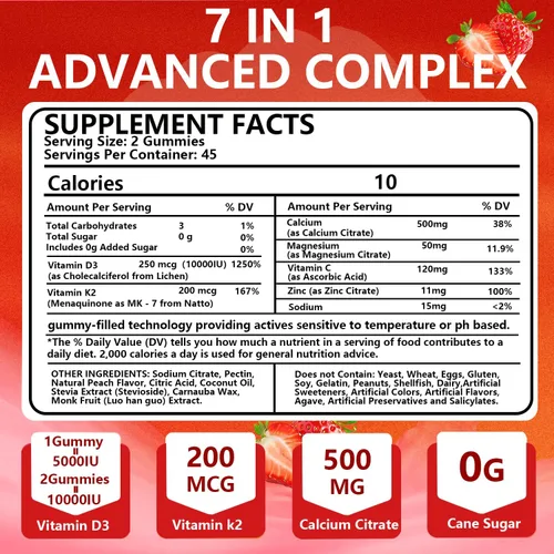 Vista 6 de Gomitas de vitamina D3 K2, sin azúcar, veganas, extra fuertes, con calcio y magnesio y zinc, para apoyo inmunológico, dientes óseos, salud
