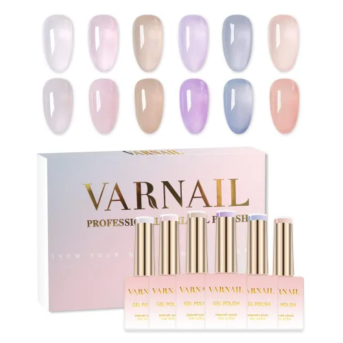 Vista 8 de VARNAIL Rainbow Candy Jelly - Kit de esmalte de uñas de gel de 6 colores y capa base de regalo, kit de esmalte de gel transparente arcoíris