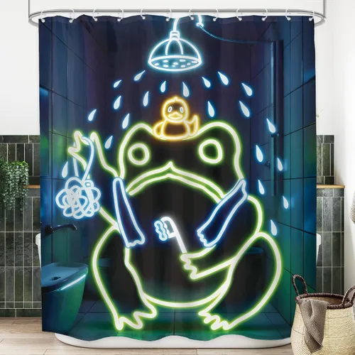 Vista 35 de Juego Divertido de Cortina de Rana Retro para Ducha, Juego de Baño 48x71 Pulgadas, Estilo Asiático Lindo, Arte Japonés Tradicional de Pato de Goma