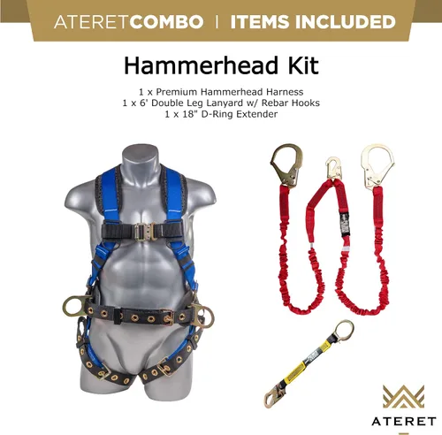 Vista 7 de Palmer Safety Kit de protección contra caídas, arnés de seguridad de 5 puntos, cordón de doble pierna de 6 pies, extensor de anillo en D de 18 Azul