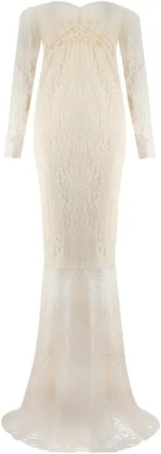 Vista 3 de Vestido de maternidad de encaje de manga larga con cuello en V y hombros descubiertos para mujer, vestido de fotografía para baby shower, sesión
