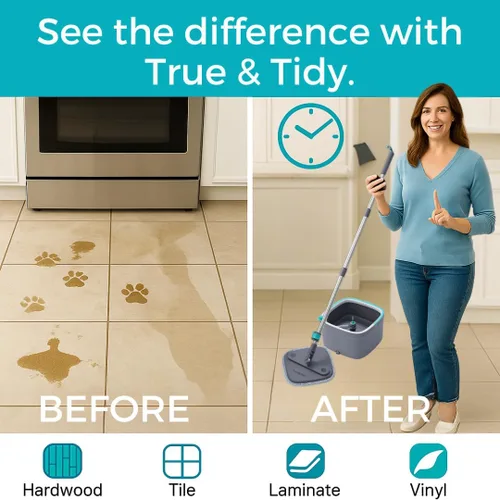 Vista 3 de TRUE & TIDY Sistema de trapeador giratorio cuadrado y cubeta – Doble cámara para agua limpia y sucia, trapeador giratorio de 360° con autoescurrido