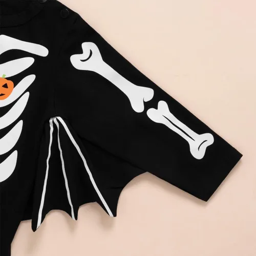 Vista 3 de Disfraz de esqueleto de Halloween para bebé recién nacido, mameluco con sombrero