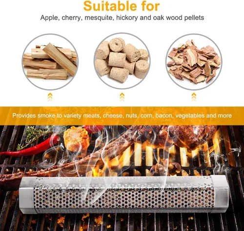 Vista 3 de Tubo ahumador de pellets, 1 paquete de 12 pulgadas Tubo ahumador con cepillo, acero inoxidable premium, 5 horas de humo intenso Tubo ahumador
