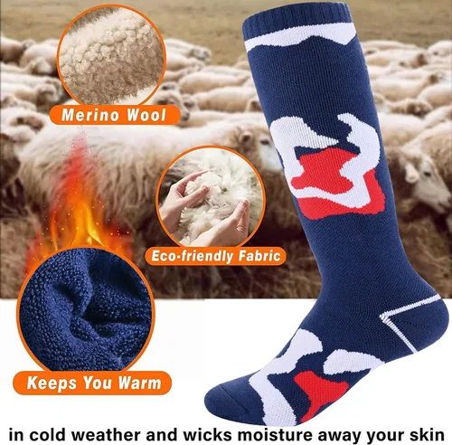 Vista 3 de Uyomal Calcetines de esquí de lana merino para niños 2 pares calcetines térmicos de invierno cálidos para snowboard para niños y niñas rojo azul