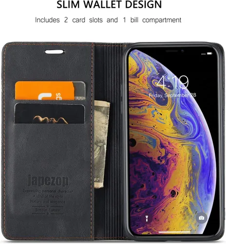Vista 4 de japezop Funda tipo cartera compatible con iPhone Xs/iPhone X con tarjetero y bloqueo RFID, funda de cuero suave con soporte magnético y funda Negro