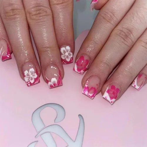 Vista 25 de 24 uñas postizas cortas a presión, color rosa RTKHFZE con diseño de mariposa blanca y diamantes de imitación, uñas postizas cuadradas de cobertura