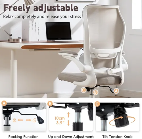 Vista 9 de Silla de oficina ergonómica, silla de escritorio de malla transpirable con respaldo alto para computadora con soporte lumbar ajustable y Blanco