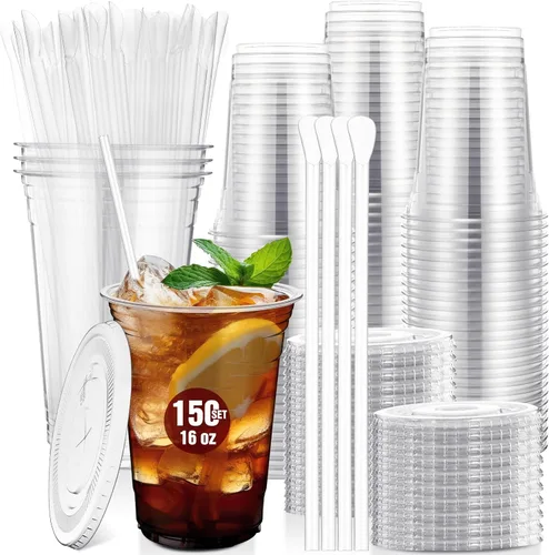 Vista 11 de Eaasty Juego de 50 vasos de plástico transparente de 20 onzas con cuchara, pajitas y tapas planas, desechables, para café helado, postre, yogur