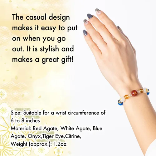 Vista 6 de Yokohama Wakuwaku kan Pulsera de la suerte diseño auspicioso Japón tradicional suerte dinero fresco piedra de poder ágata ónix ojo de tigre cristal