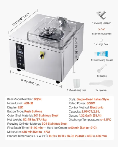 Vista 7 de VEVOR Máquina comercial de helado duro, 500 W, 1.32 galones/hora, heladera de gelato duro con cilindro de acero inoxidable 304 de 2.8 L, panel LED