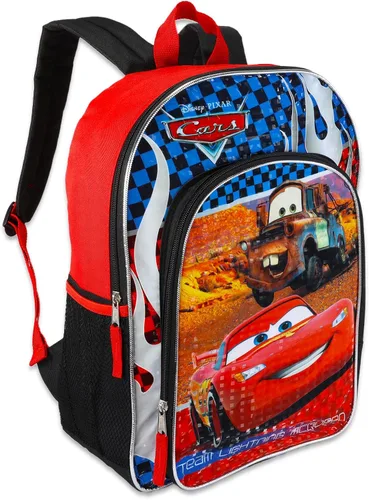 Vista 2 de Mochila de Disney Cars para niños, mochila de autos de 16 pulgadas con Lightning McQueen y Mater, botella de agua, tatuajes de autos de Disney
