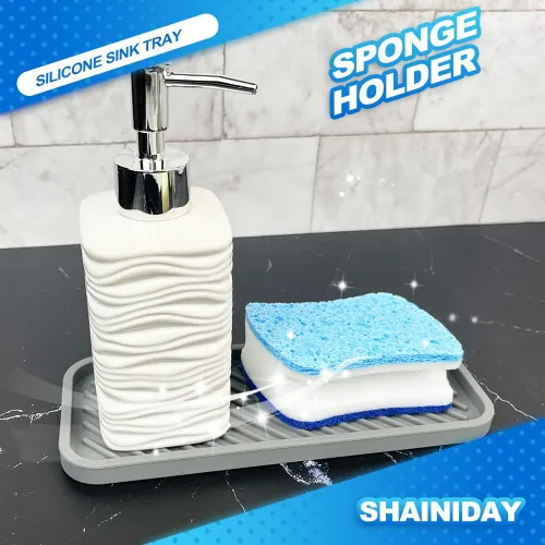 Vista 2 de 1 soporte de esponja de silicona, bandeja para fregadero de cocina, baño, ducha, jabonera, dispensador organizador de cepillos para botellas (gris)