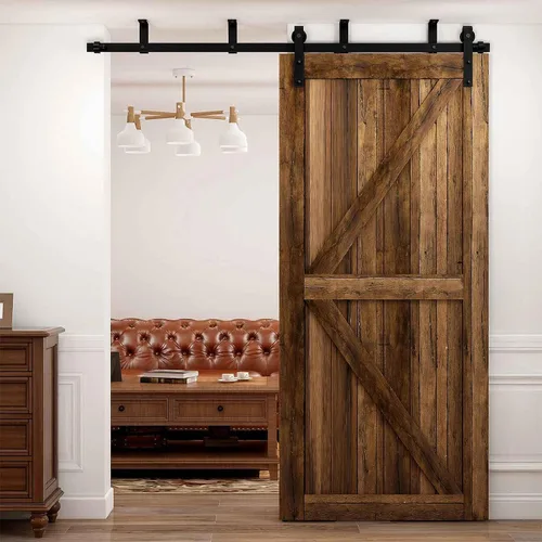 Vista 2 de CCJH Kit de herrajes para puerta corrediza de granero de 4 pies, sistema de soporte en forma de L de techo bajo para puerta de madera individual