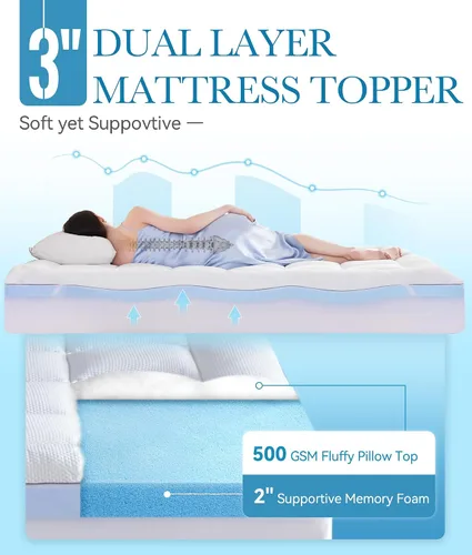 Vista 3 de BDEUS Cubrecolchón impermeable de doble capa de espuma viscoelástica de 3 pulgadas, tamaño individual, espuma viscoelástica de gel de 2 pulgadas más