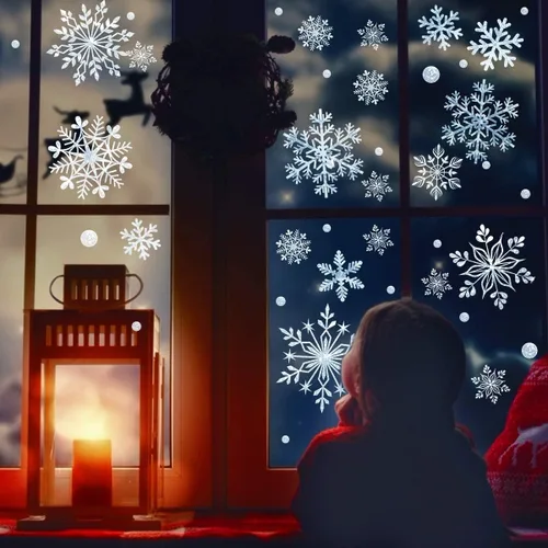 Vista 6 de DC-BEAUTIFUL Juego de 318 calcomanías de Navidad con temática de copos de nieve, calcomanías blancas para ventana, calcomanías de fiesta de copos